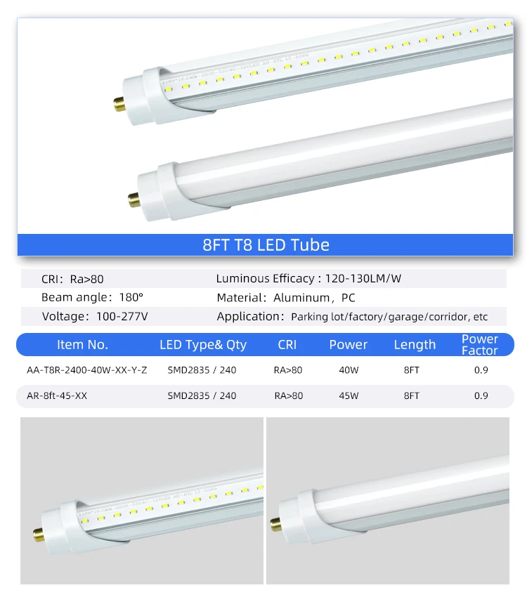 AIER ETL DLC 8FT 96' 45W FA8 Base T8 Led Tube With OEM ODM Indoor Lighting 130LM/W Replacement Fluorescent Light Bulbs