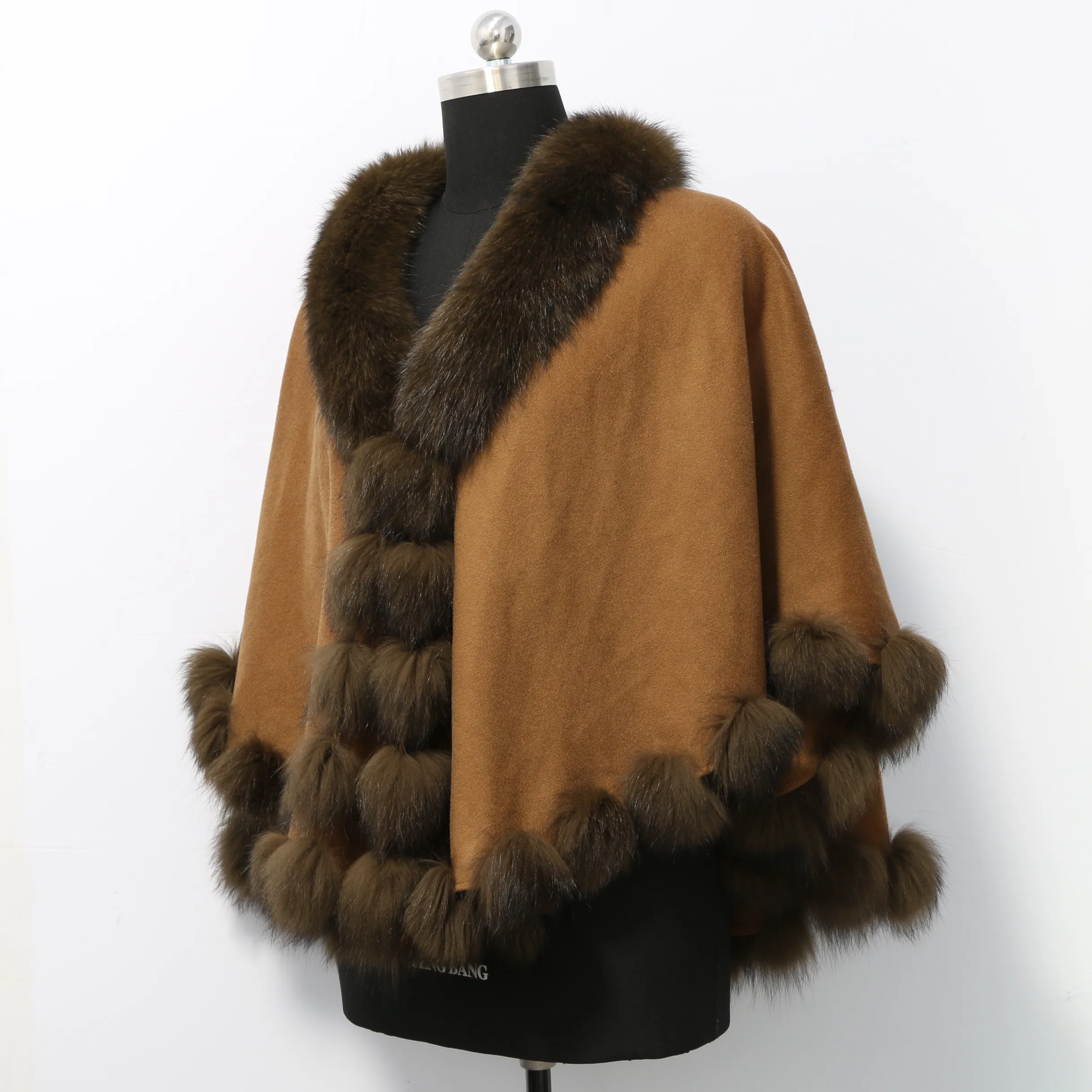 FFactory Price Cashmere Poncho Cape Femme Hiver Double Straight Fox Fur Trim Capa Mujer Big Size Shawl