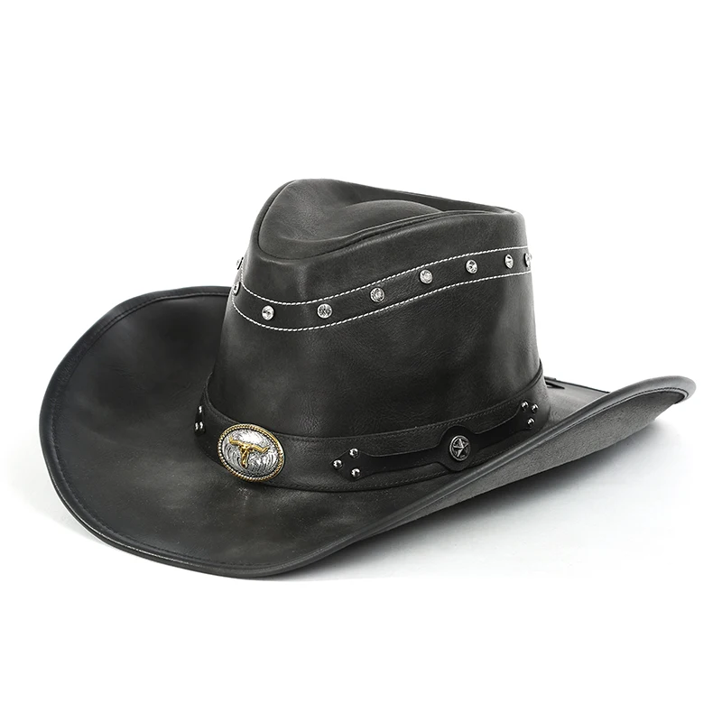 
2021 Fashionable Wide Brim Adjustable Western Style Jazz Hat Cowboy Hat With Metal Bull Head Decorated for Men 