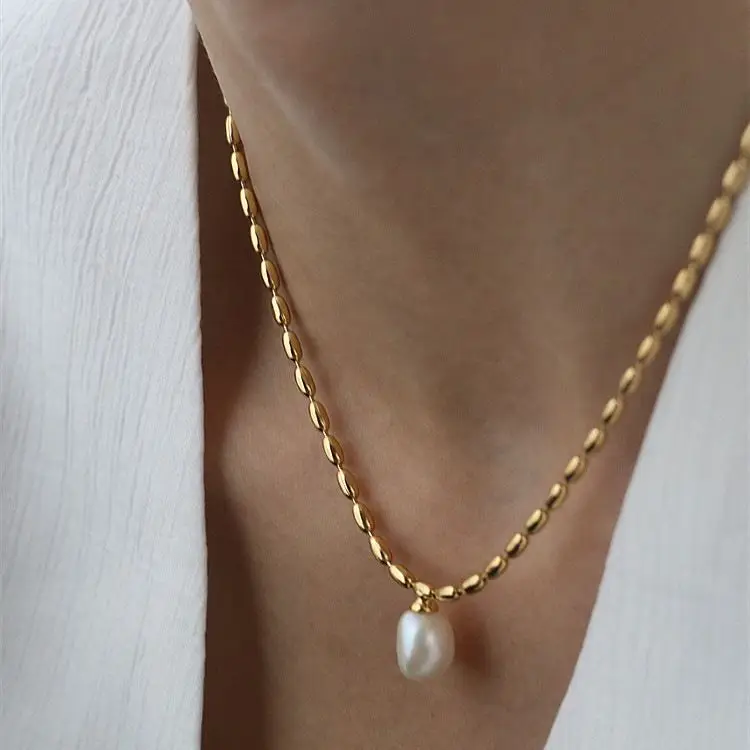 Elegant Oval Pearl Pendant Necklace for Women 18K Gold Plating Rice Beads Chain Choker Necklace Dropshipping Products 2024