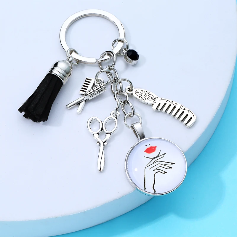 Creative alloy wash haircut keychain mini comb scissors hair alloy + glass round sign pendant hairdresser luggage key pendant