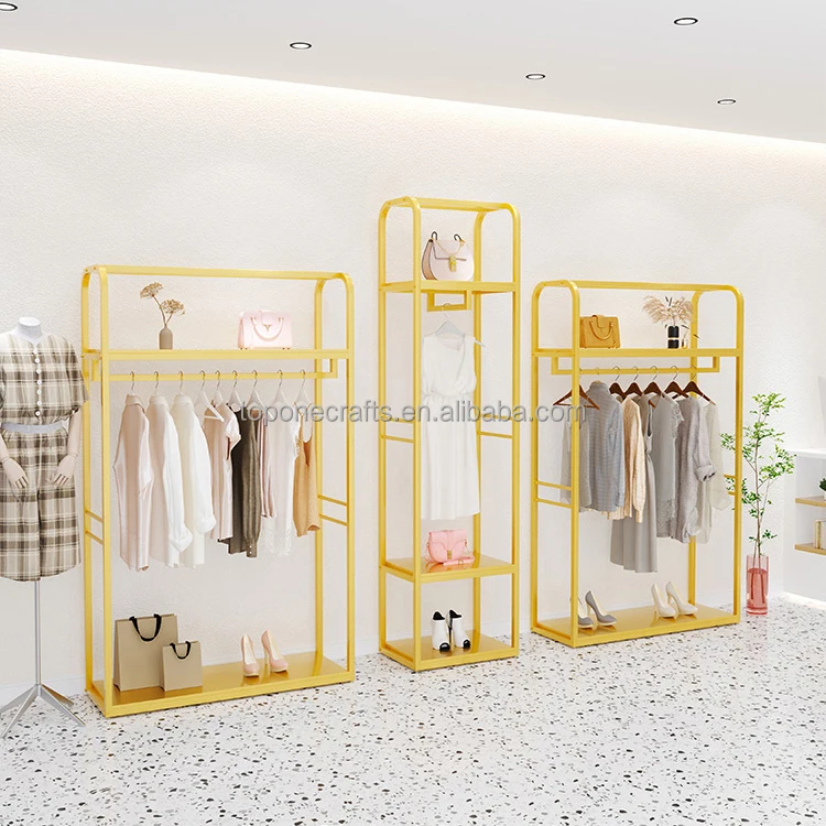 Best Seller Clothing Shop Gold Stainless Steel Floor Stand Space saving heavy duty clothing display racks for boutique