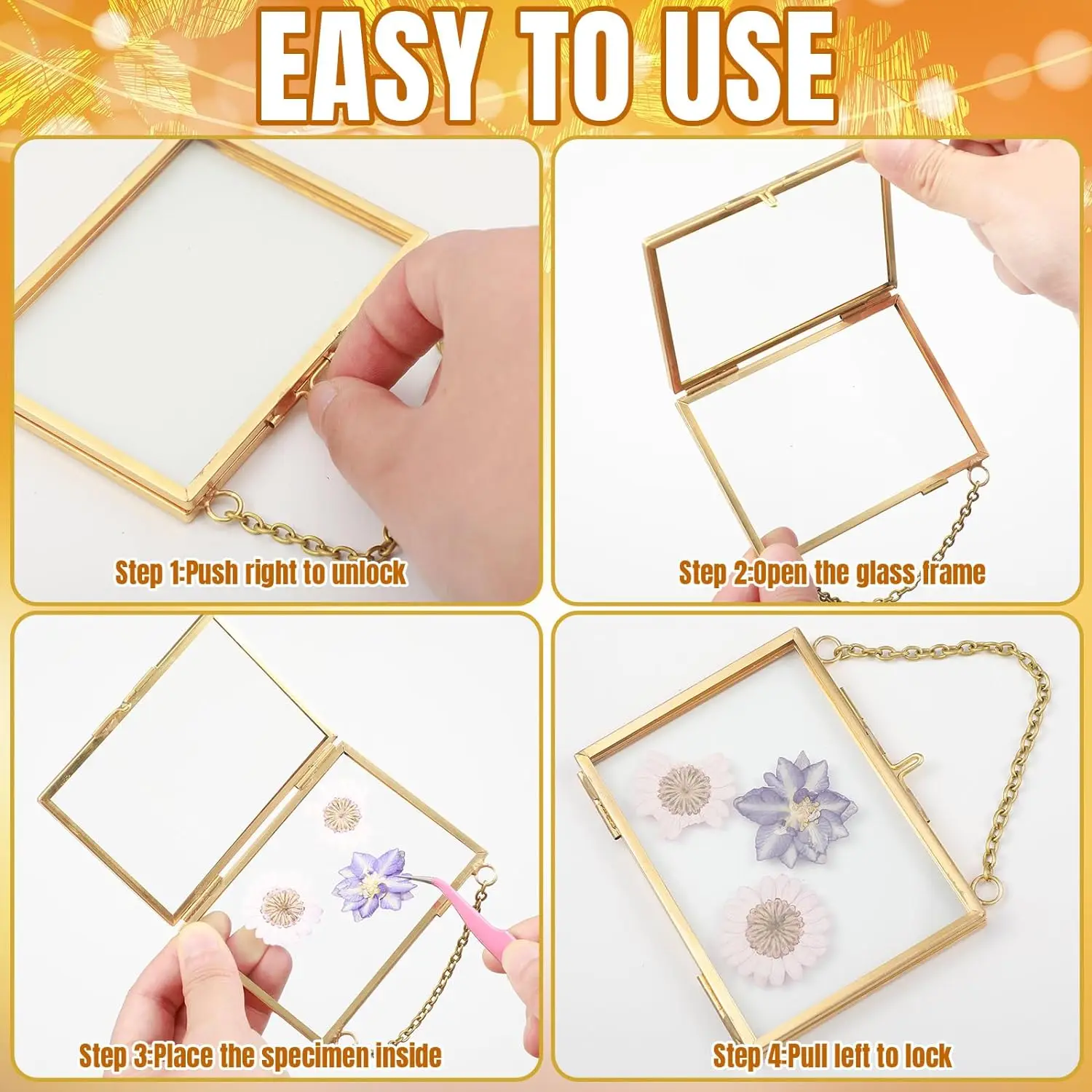 Glass crafts Pressed Flowers 3.5 x 2.5 Inch, Double Floating Picture Frames Brass Hanging Photo Frame with Chain Wall Decor