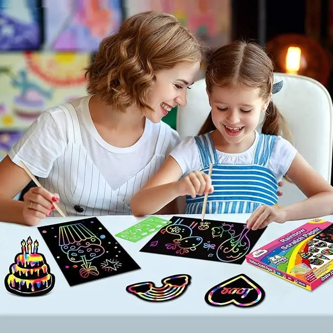 Rainbow Scratch Paper Art Magic Black Scratch Off Paper Art Sheets for Kids with Wooden Stylus Soft Brush and Drawing Stencils