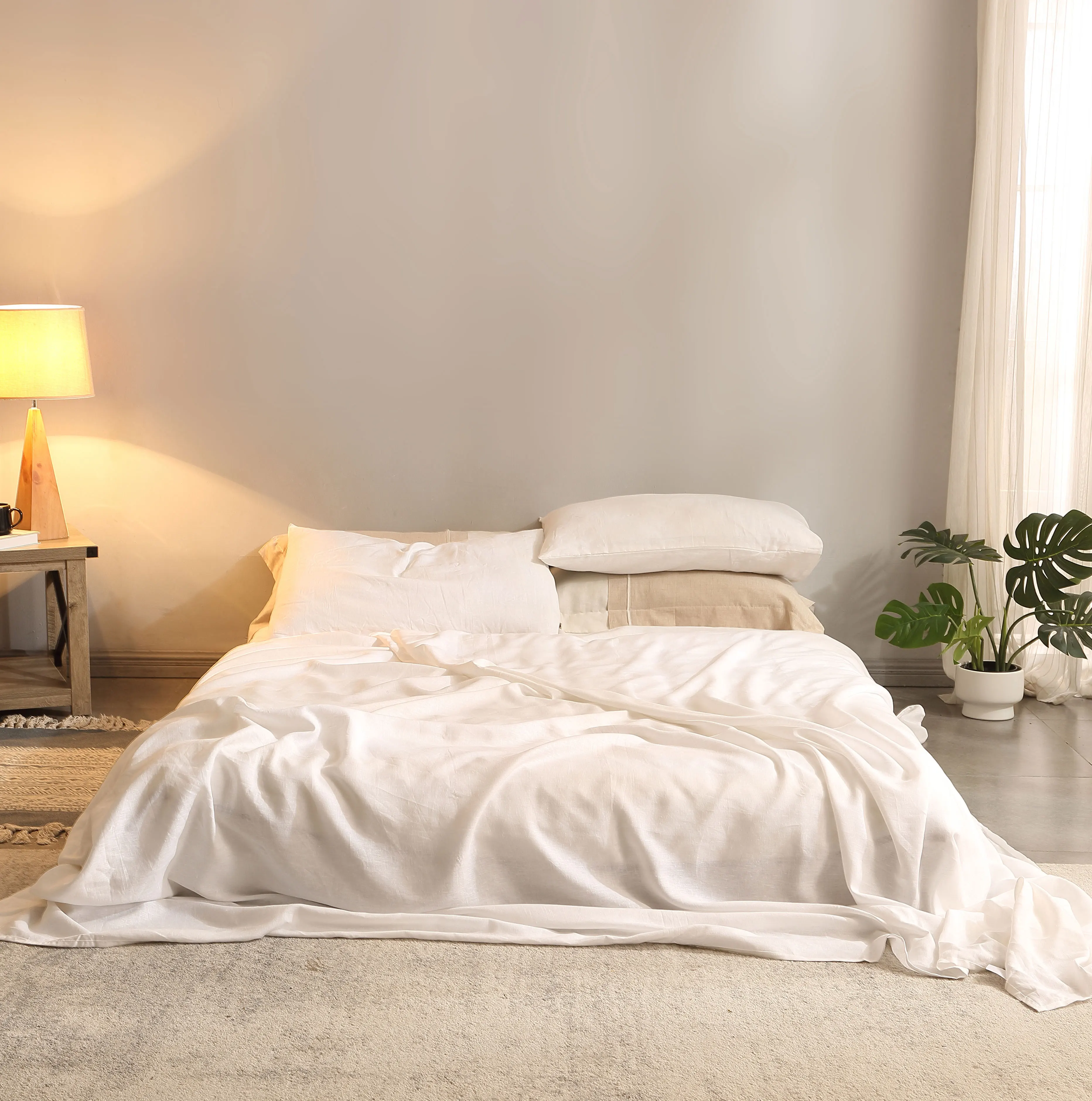 Wholesale Luxury Queen King Size Bed Four-Piece 100% French Flax Linen Bedsheet Sheet Sets Collections Bedding Set