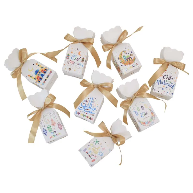 8 Designs Mixed Eid Mubarak Ramadan Candy Goodie  Gift Box With Ribbon Vase Shape Chocolate Box For Eid Party Decorations