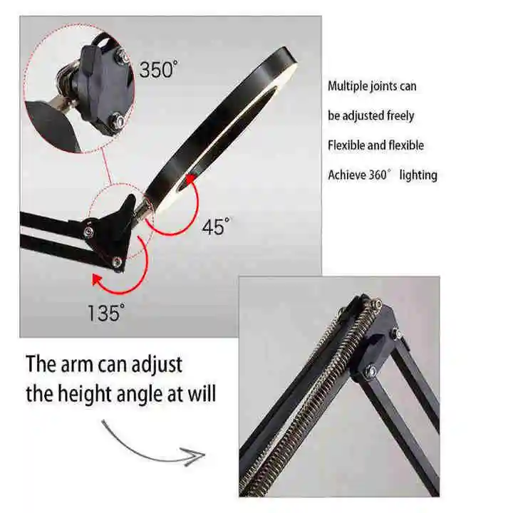 Wholesale metal folding long arm 8X magnifying glass led desk lamp with cover nail salon table lamp