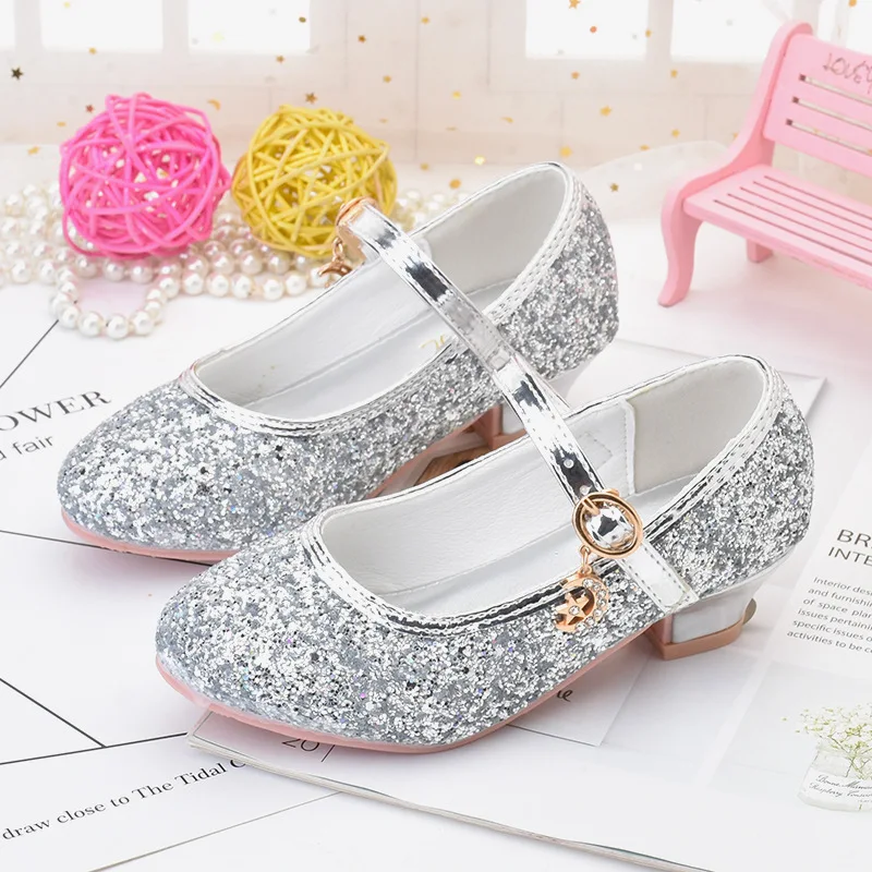 Bling kids rhinestone casual shoes fashion school performance heels pumps girls sequins Princess shoes
