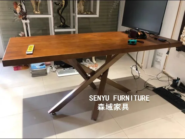 Factory price iron legs solid wood wooden dining table set