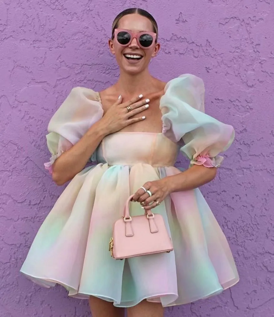 King Mcgreen Star Women Puff Sleeve Tulle Tutu Princess Dress Square Collar Mesh Ruffle Bubble Skirt Prom Mini Fairy Dress