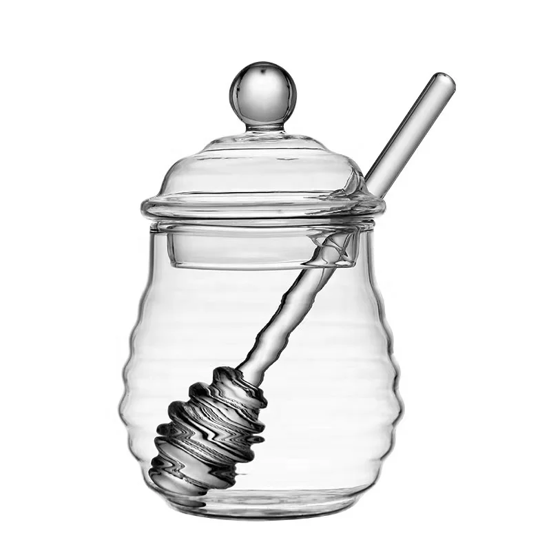 Factory Wholesale High Borosilicate Glass Honey Jar set with Lid and Stirring Rod New Style Glass Jar with Streak Custom Package