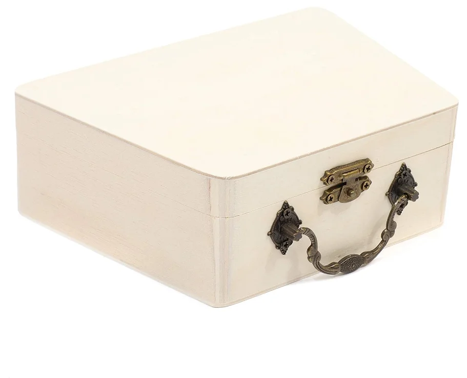 unfinished wooden gift box with metal handle DIY craft box