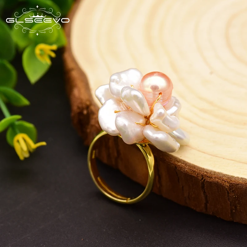 925 Sterling Silver Ring NaturalBaroque Pearl Flower Adjustable Ring For Women Wedding Engagement Jewelry