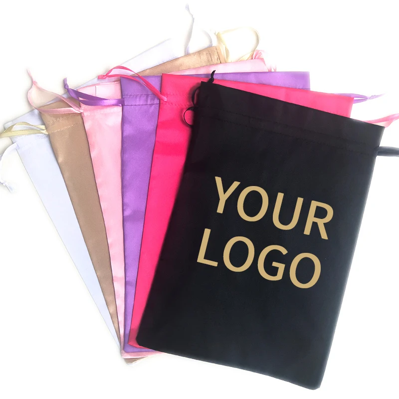 Wholesale Custom drawstring gift satin silk pouch hair extension packaging black satin bag with logo