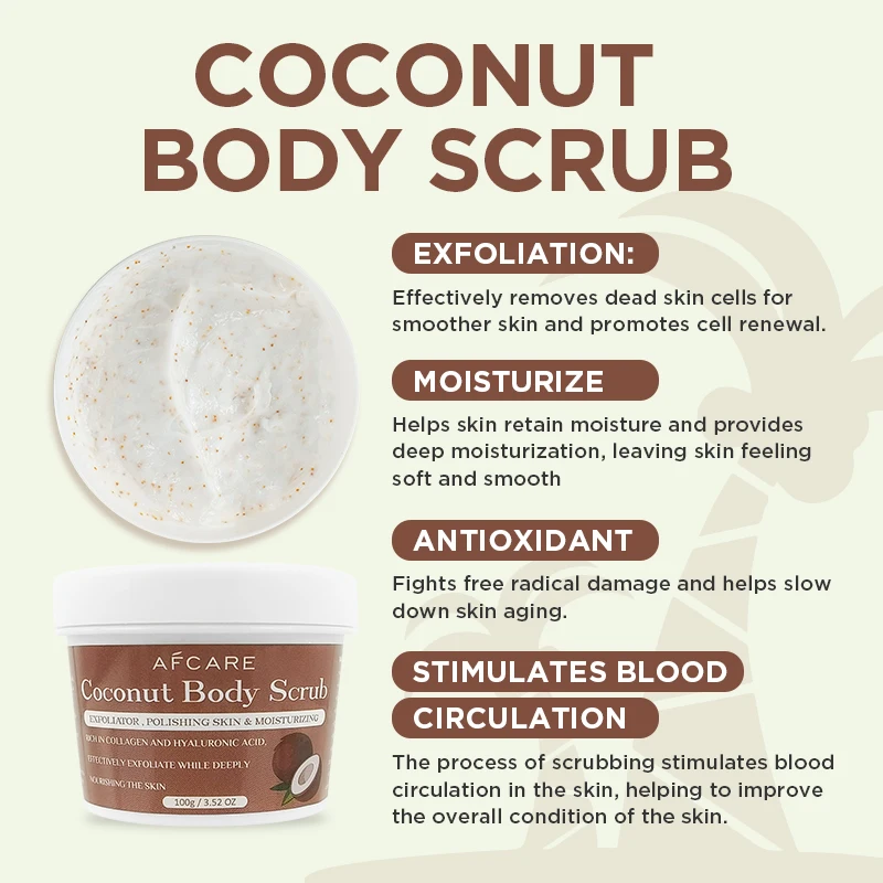 Glycolic acid Body Scrub Private Label Sulfate-free Smoothing Antioxidant and Hyaluronic acid Coconut Exfoliating Body Scrub Jar