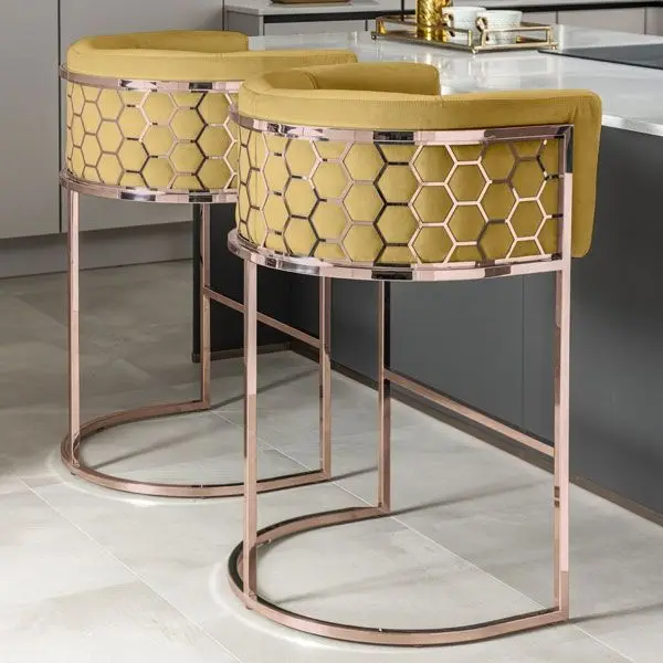 New Bar Furniture Modern Multicolor Metal Bar Stool Upholstered Velvet Fabric Bar Stool With Honeycomb Backrest