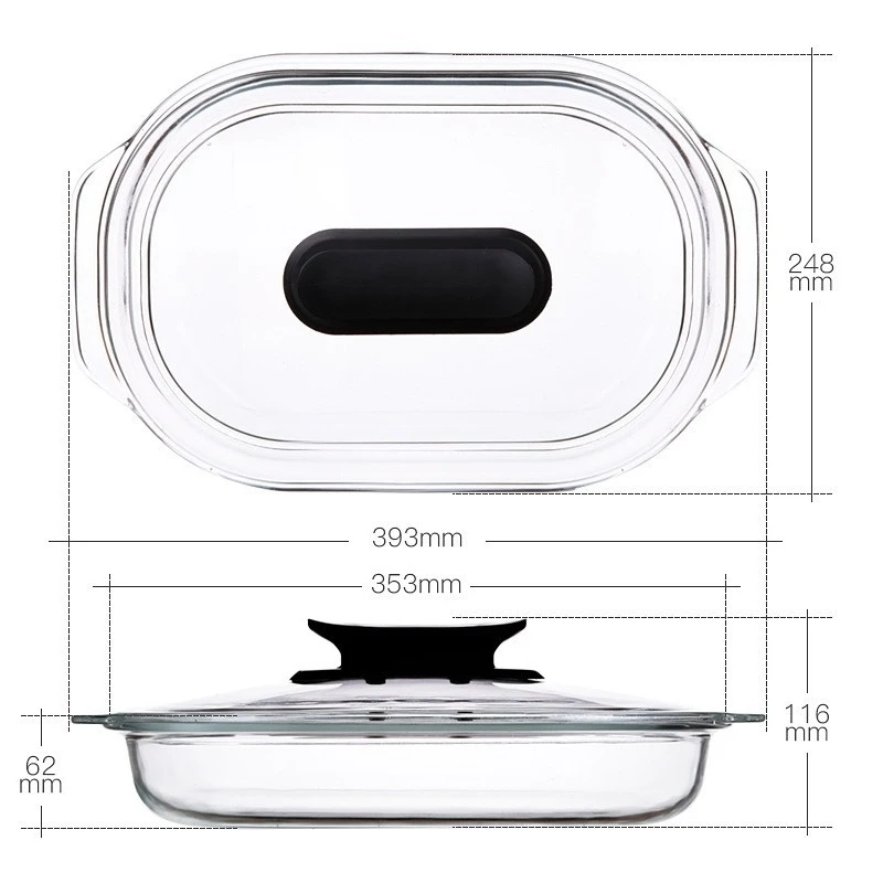 Wholesaler 3.0L Rectangle Tempered Glass Baking Dish Easy Grip Handle Oval Glass Bakeware Glass Casserole Dish with Lid