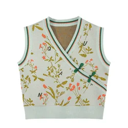 Factory wholesale vintage knitted vest irregular v-neck jacquard contrast color slim mandarin collar jilet top for women