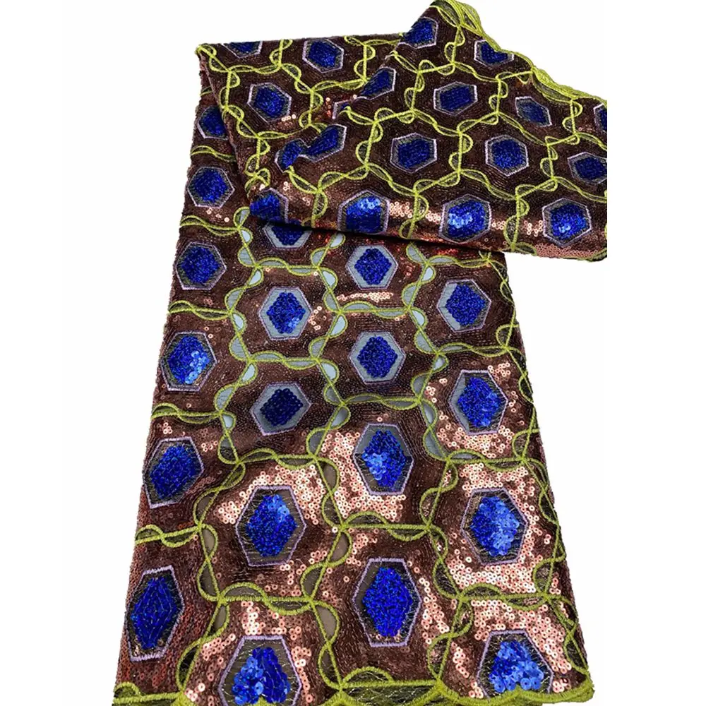 100% Polyester Unique African Sequin Lace Fabric Popular Dubai Gold Sequin Embroidery Fabric For African Wedding Dresses