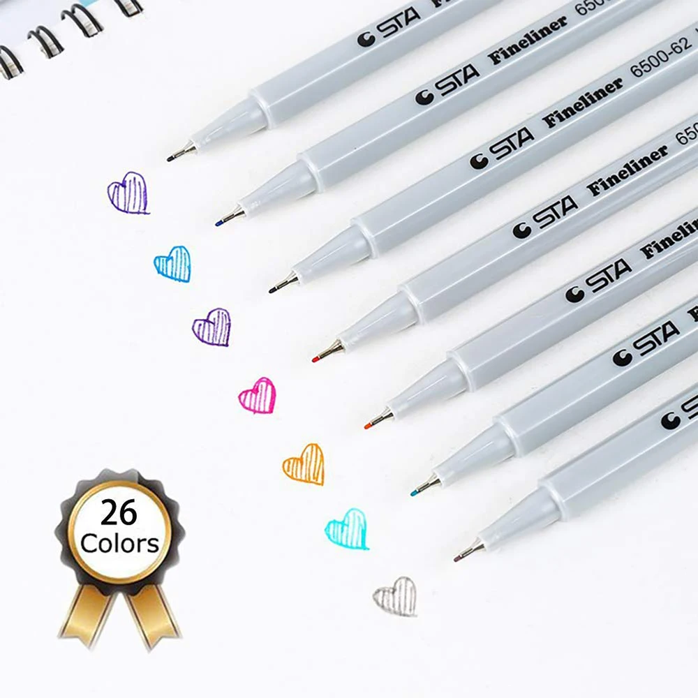 STA Fineliner Art Marker Pens Permanent Water Color Liner NO.6500 for Students with Flat Brush Tip for Paper Writing