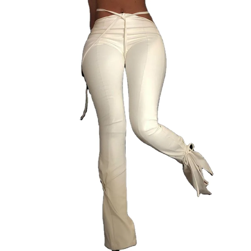 2021 autumn  ladies Split Hem Skinny Bell Bottom white Flare girls Long Pu Leather Pants For Women