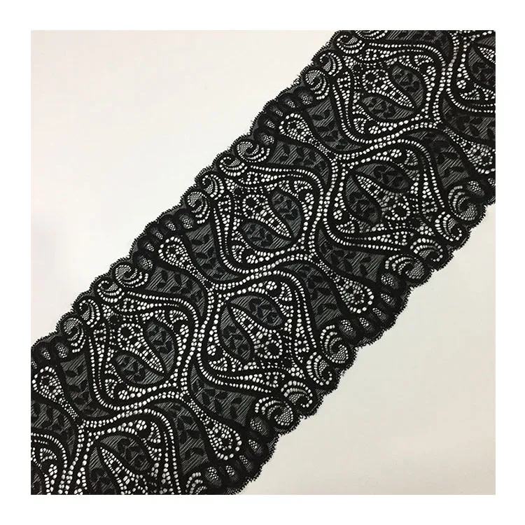 Latest Design 18cm wide black warp knitted stretch lace trim for women fashion