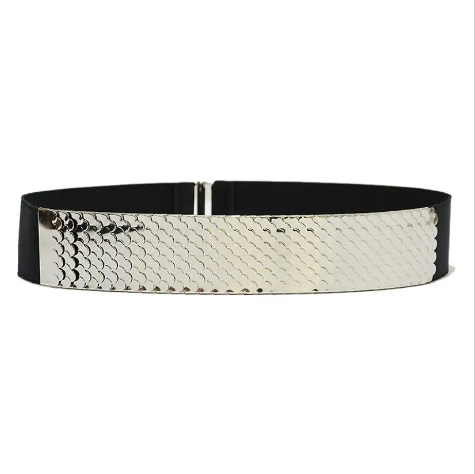 fashion fish scale metal elastic wide girdle female waist belt women shiny accessories waistband metal scales belt