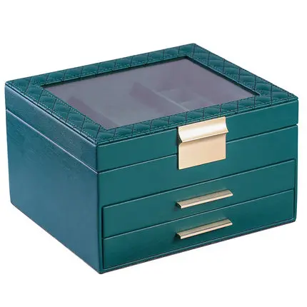 Army Green Faux Leather Jewelry Box 3 layer Drawer Jewelry Storage Case With Earring And Pendant Multi-Drawer Jewelry Case