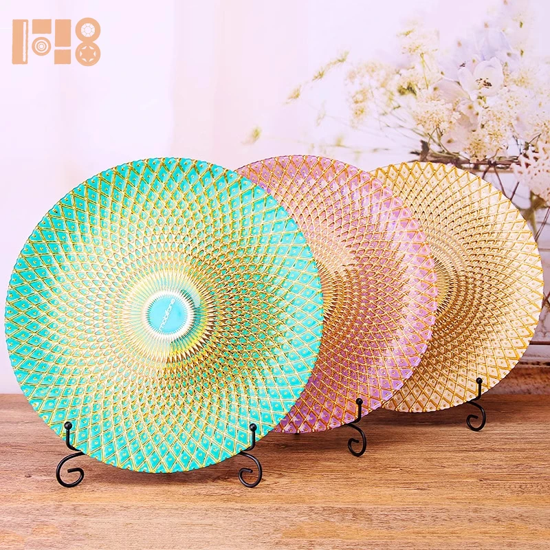 Wholesale 13 inch Gold glass charger plates wedding Pineapple print plated glass plate serving plate