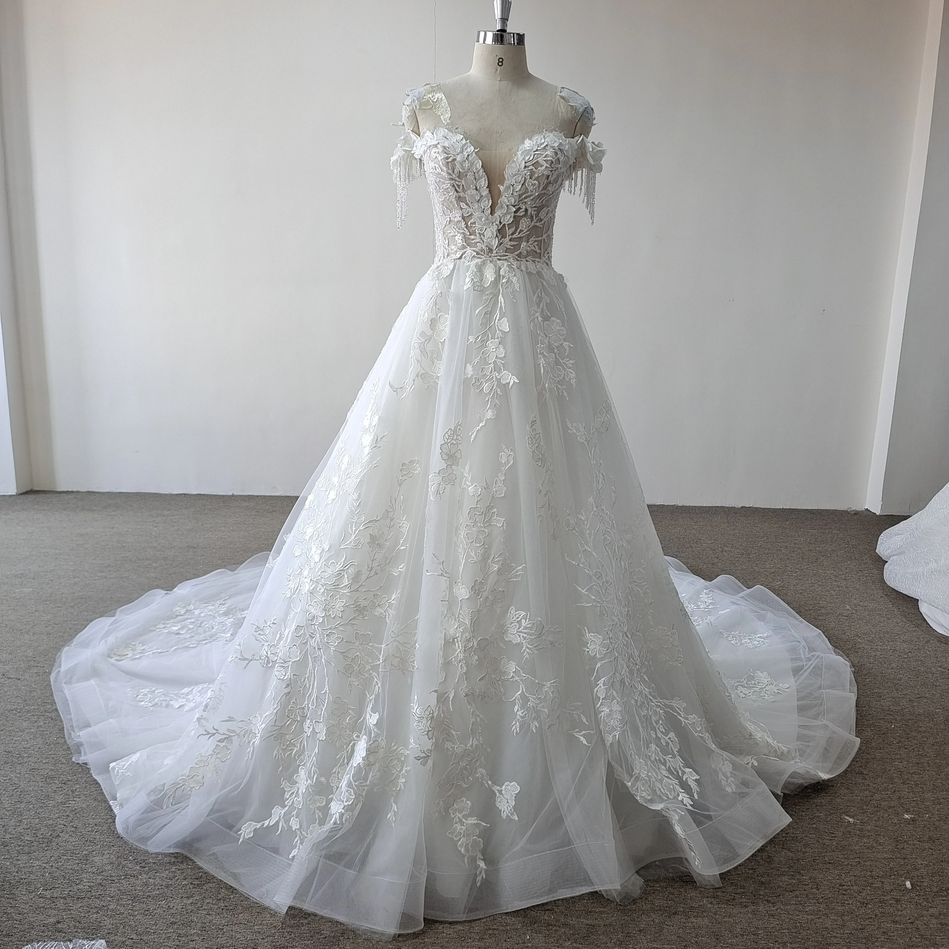 QUEENS GOWN bridal dress off-shoulder tassel deep v neck 3D flower lace A-Line elegance bridal wedding dress