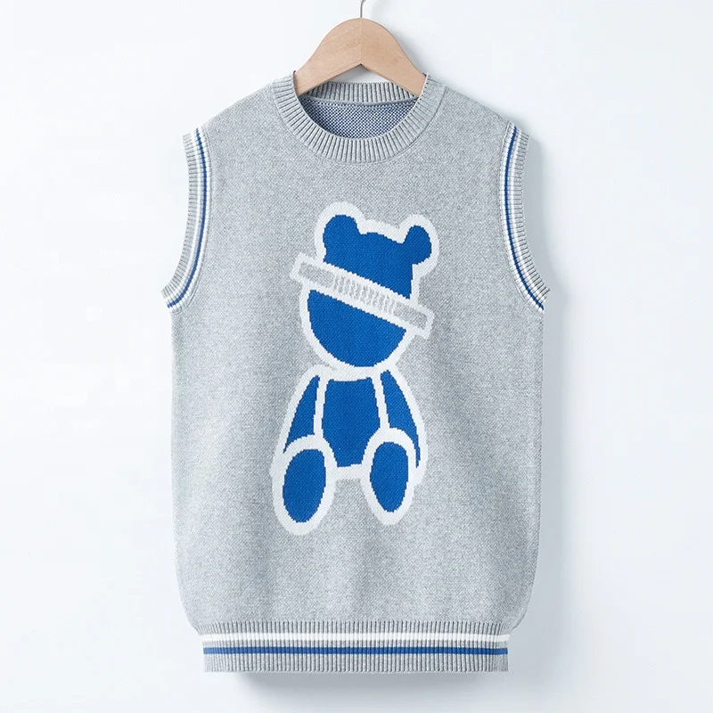 
accept OEM ODM design bear patterned child crew neck sleeveless sweater vest 