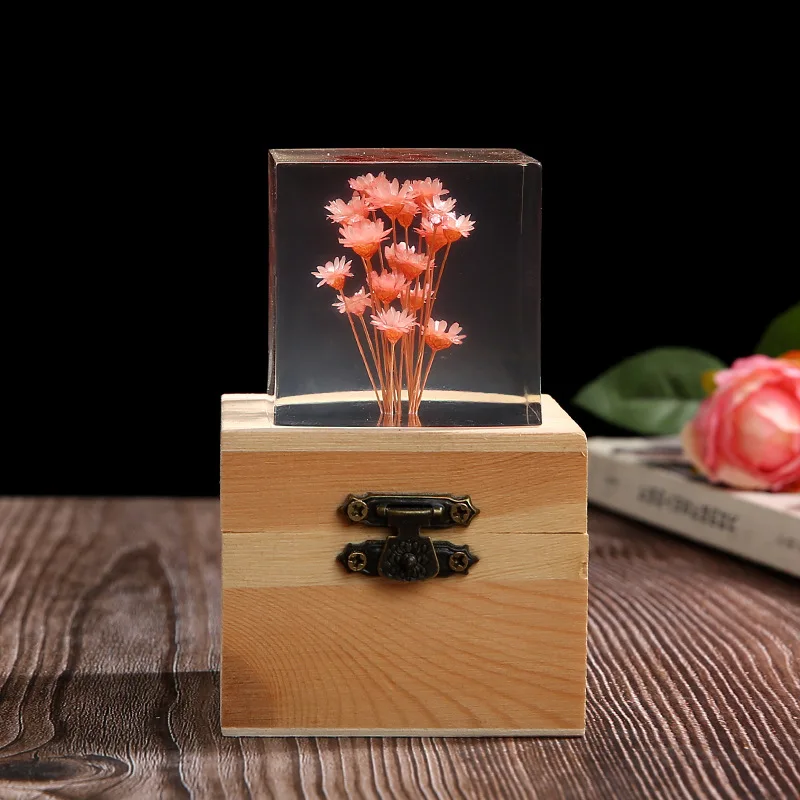Resin Cube Daisy Crystal Ornaments Colorful Chrysanthemum Sunflower Amaranth Dandelion Resin Crystal Block
