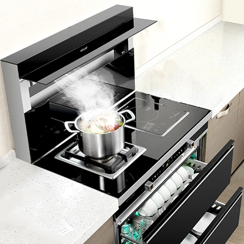 Hot selling gas cooker with hood 2 burners multi-function stove with Bowl Disinfection and Drying Function