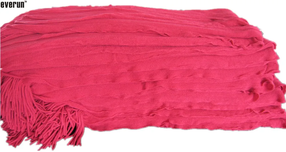 Magic Green 100% Acrylic Portable Square Bamboo Fiber Jacquard Tricot Knit Fringe Shawl Throw Blanket