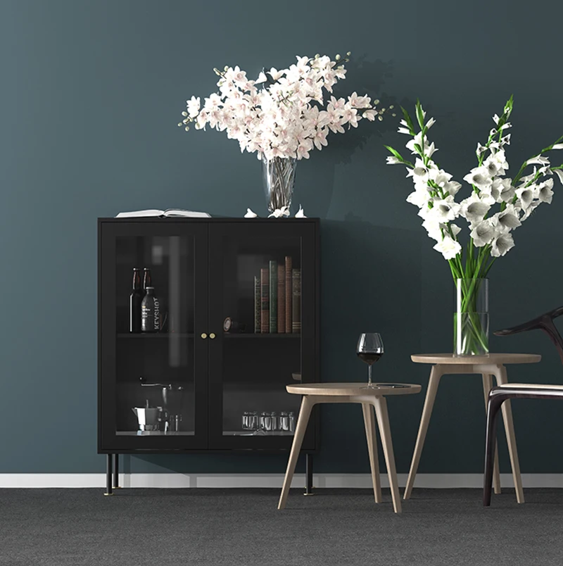 Kitchen Sideboard Modern Metal Black Wooden Living Room Office Book Storage Glass Cabinets