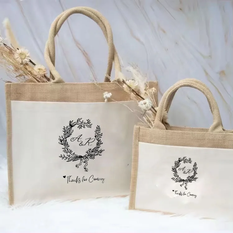 Hot Selling Reusable Natural Linen Hessian Beach Shopping Jute Tote Bag Custom Logo Printed Wholesale