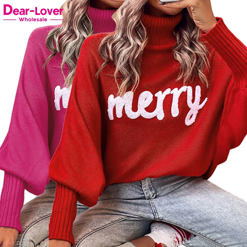 Dear-Lover Custom Logo High Quality Winter Letter Embroidered Turtleneck Pullover Knit Women Christmas Sweaters