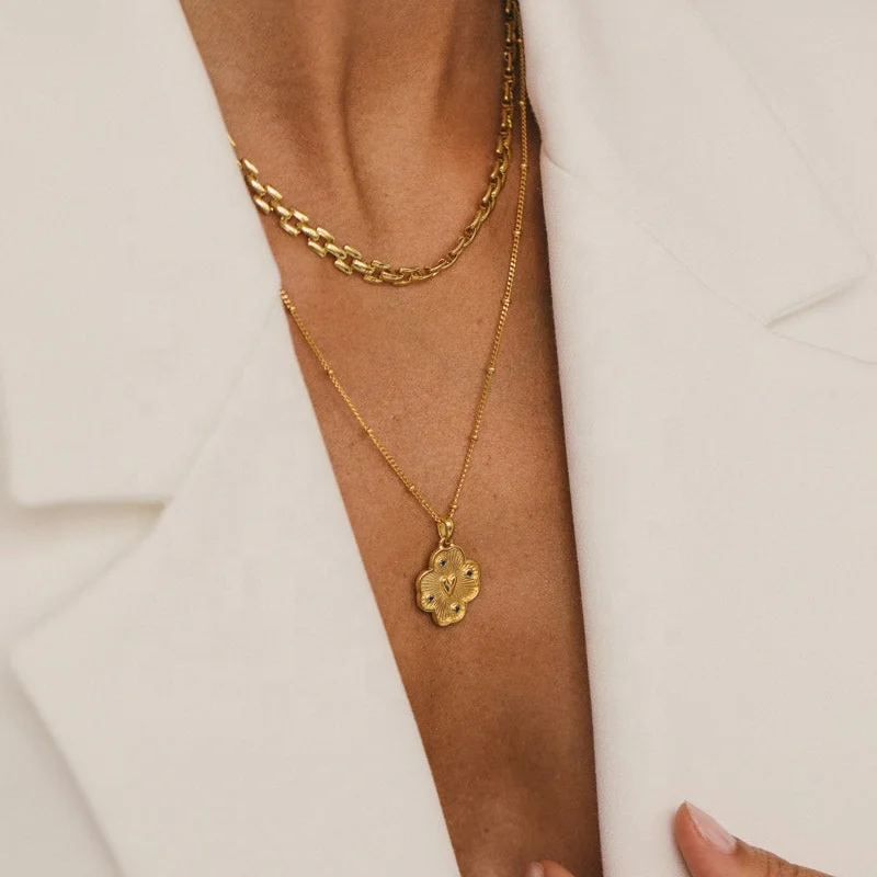 925 Sterling Silver 14K Gold Plated Fashion Fine Jewelry Vermeil Medallion Heart Four Leaf Clover Charm Pendant Necklace Women