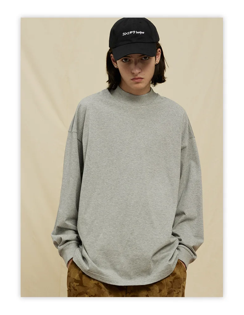 GL250 OEM CUSTOM FOG 250gsm Streetwear Oversized Mock Neck T shirt Cotton Unisex Long Sleeve Blank Heavyweight T-shirt