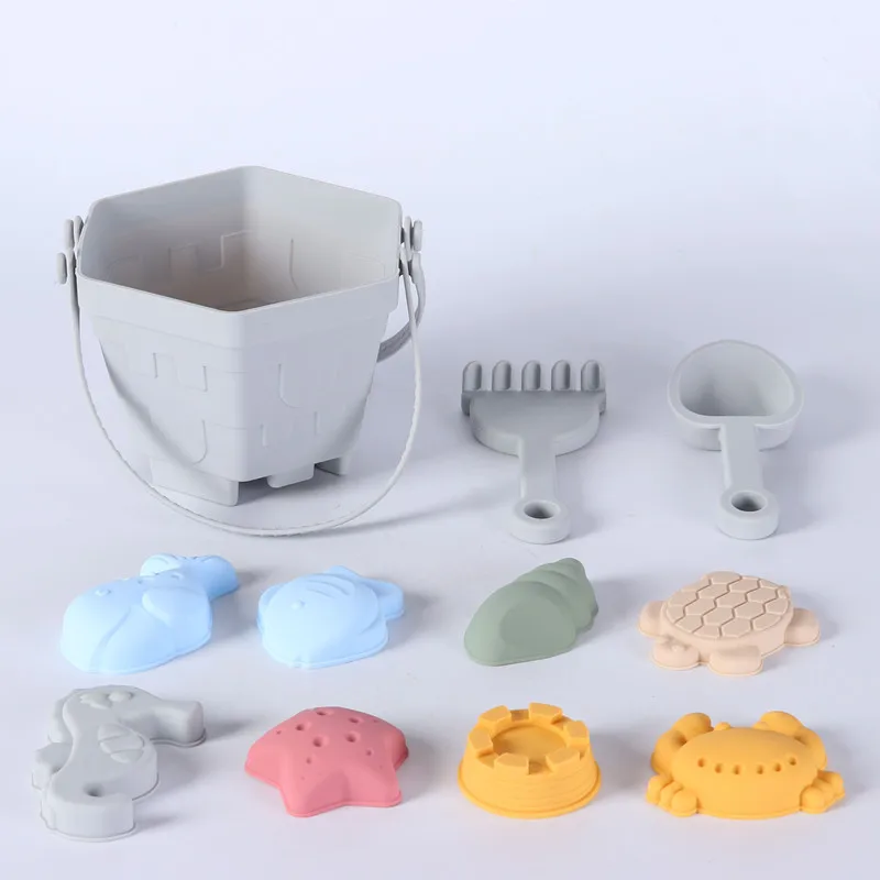 New Design 11PCS Silicone Baby Beach Toys Hexagon Bucket Playing Sandbox For Summer Seaside Digging Toy