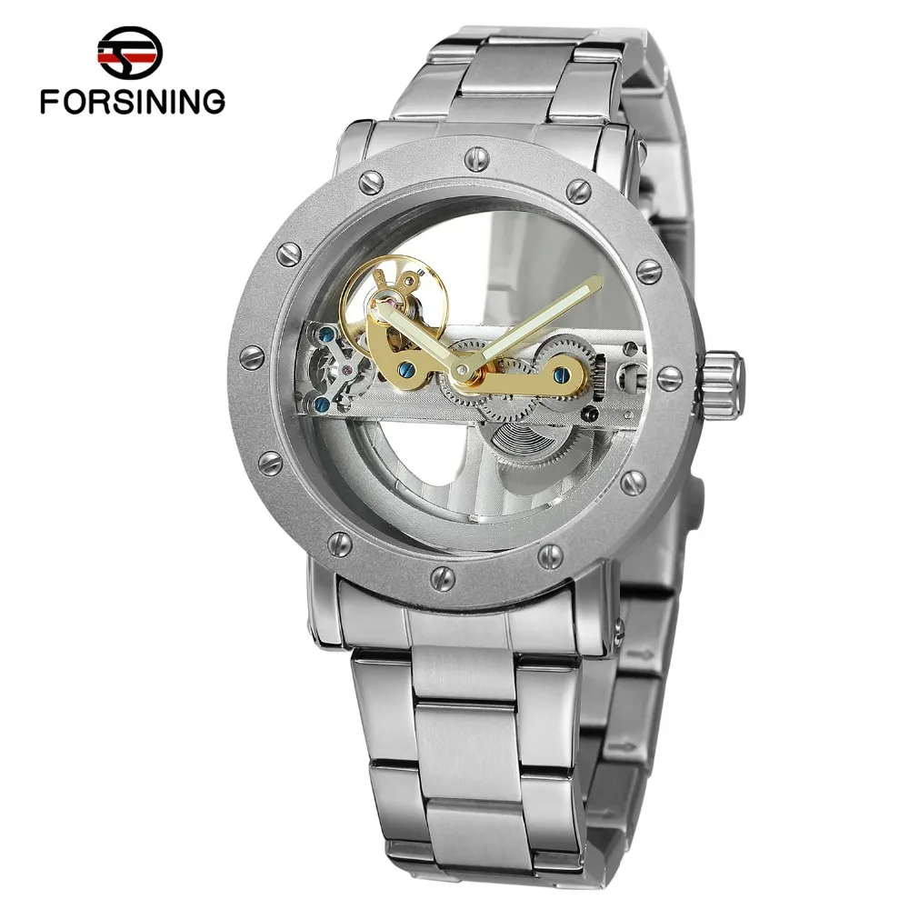 Forsining прозрачные модные часы Двойные полые Мужские механические tourbillon