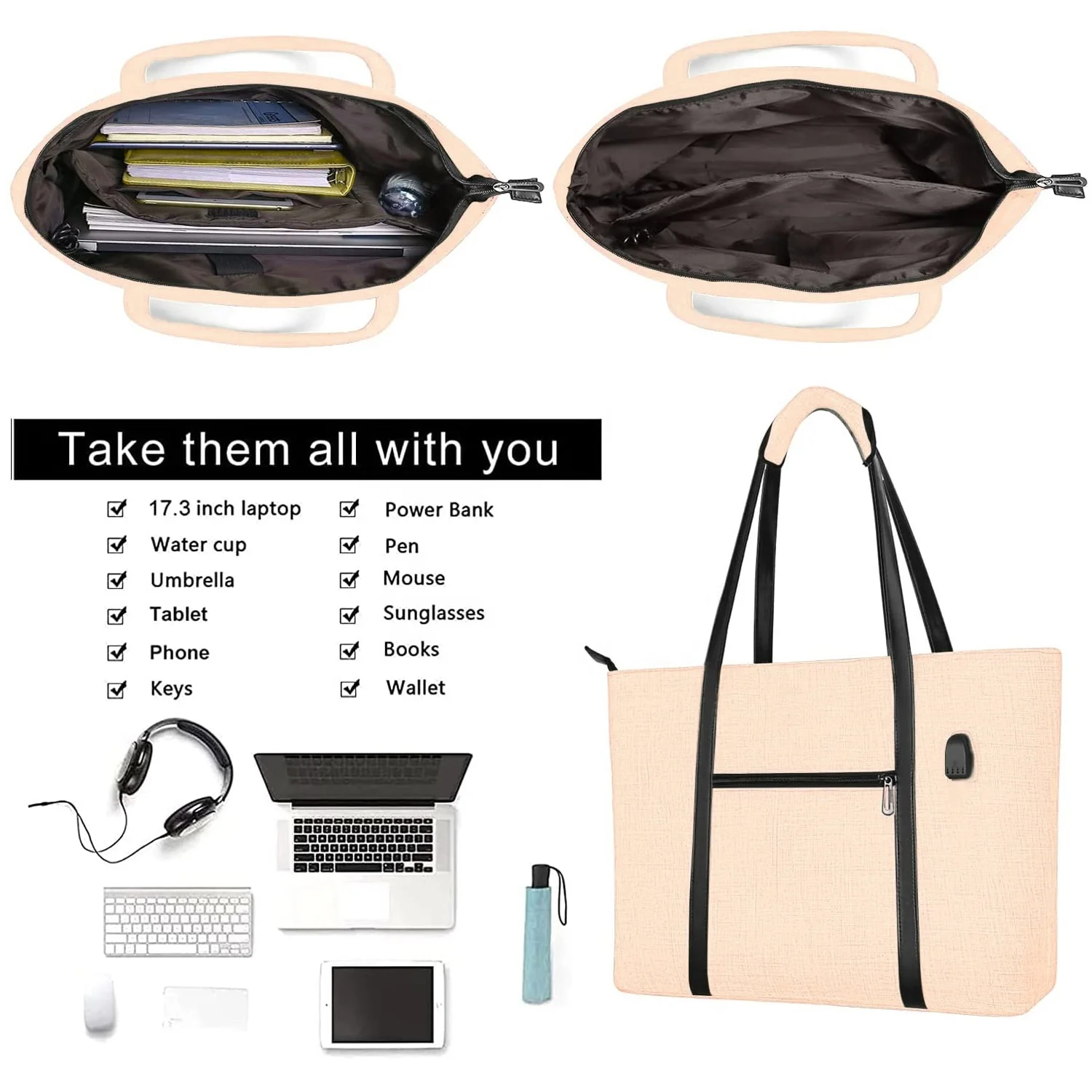 2024 factory custom logo 17 inch Notebook  Work Travel Business Computer Bag USB Port women Laptop Tote Bag with Small Purse