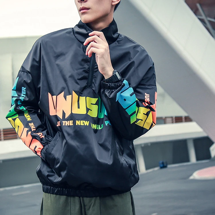Stand Collar Street Wear Hip Pop Coat OEM Gradient Letter Printed Light Weight Men Windbreaker Jacket Water Proof