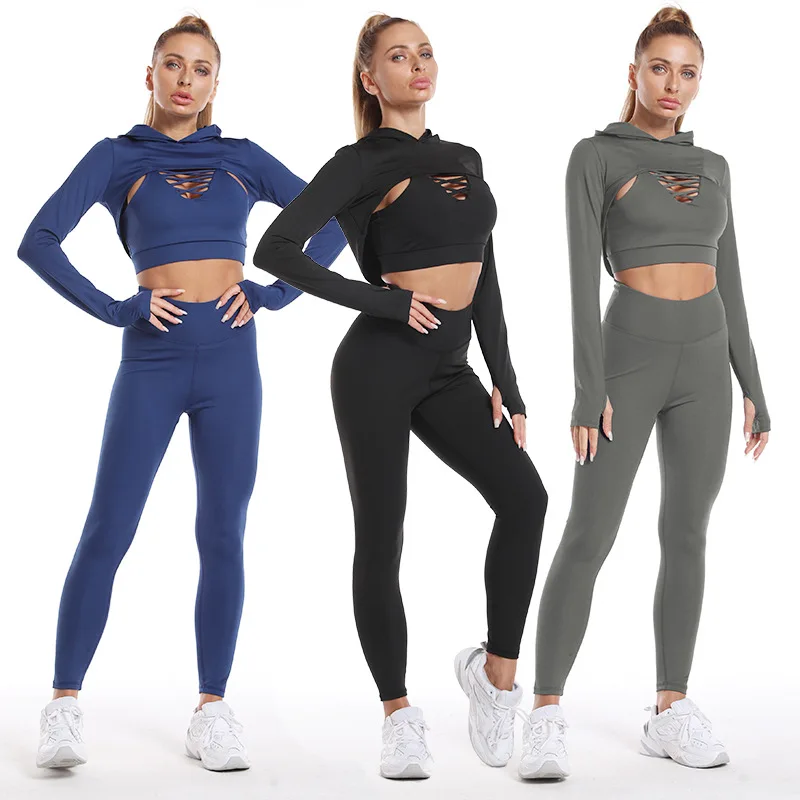 Hot selling hoodies tops pants vest 3 pieces exercise run quick dry casual Women Sports long sleeve gym wear Yoga Fitness sets
