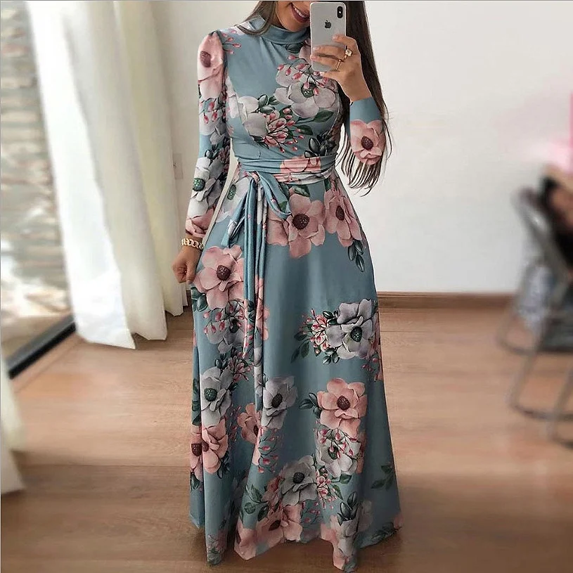 Women Summer Casual Long Skirt Sets Boho Floral Print Maxi Dress Turtleneck Bandage Elegant Dresses