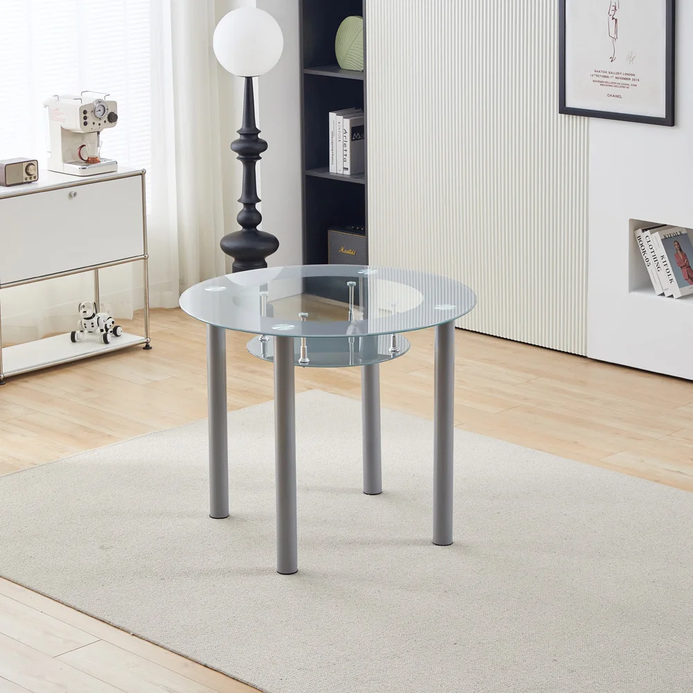 Round Glass Grey Kitchen Dining Table With Storage Shelf And 4 Grey Metal Chairs