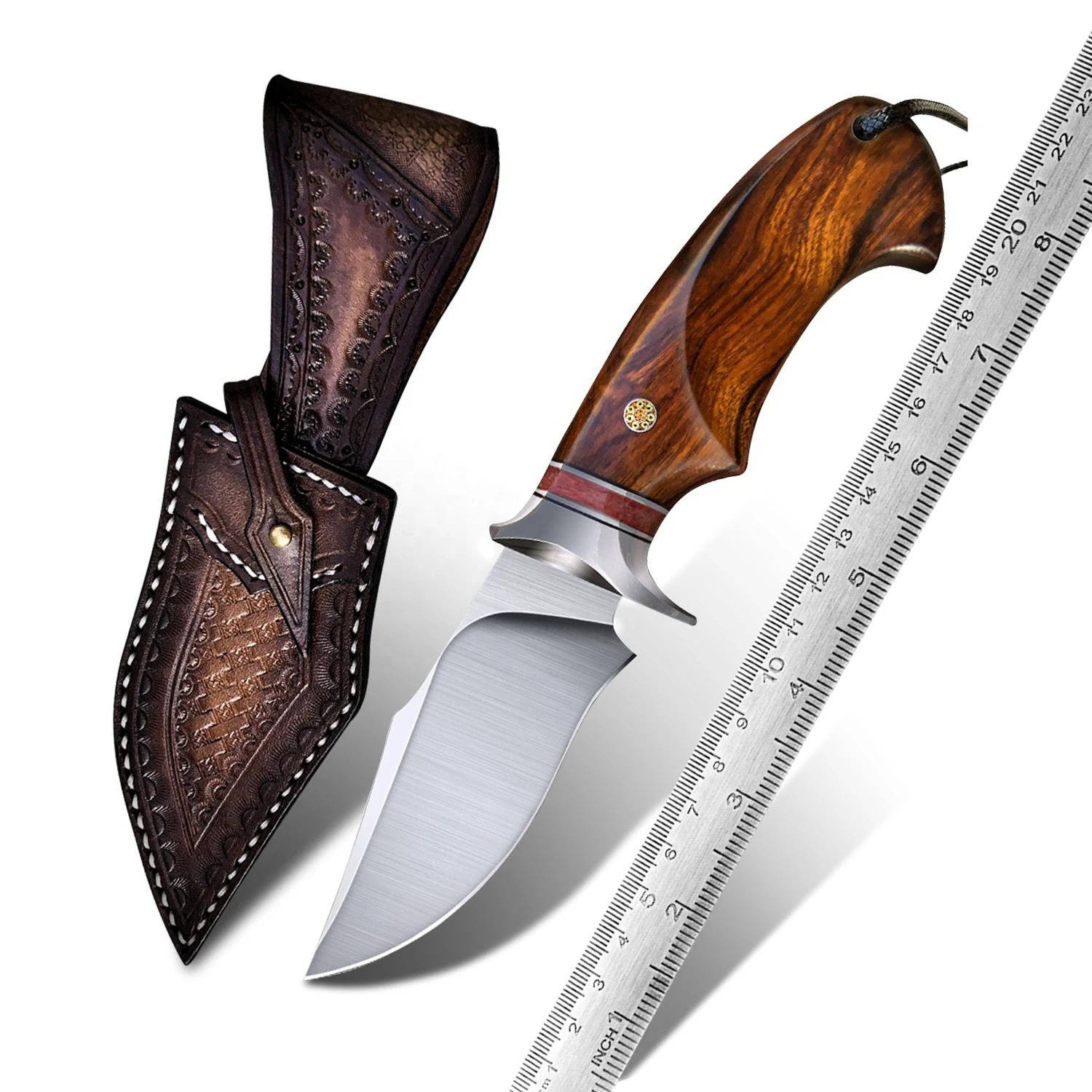 Handmade 14C28N Steel Fixed Blade Bowie Knives Ironwood Handle Outdoor Survival Hunting Knife with Leather Sheath