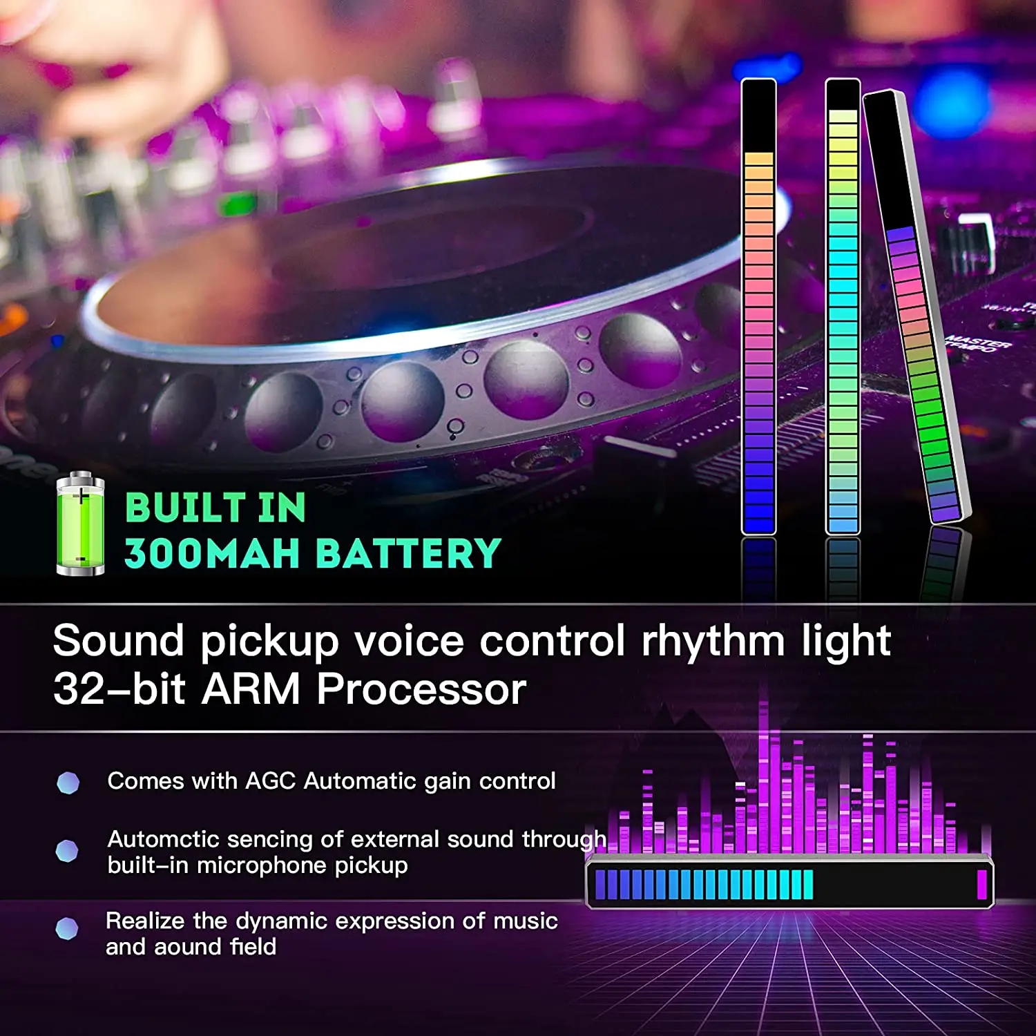 RGB Voice-Activated USB Rechargeable Car APP Sound Control Ambient Light 32 Bit Pickup Lamp Music Rhythm Gaming Table Light