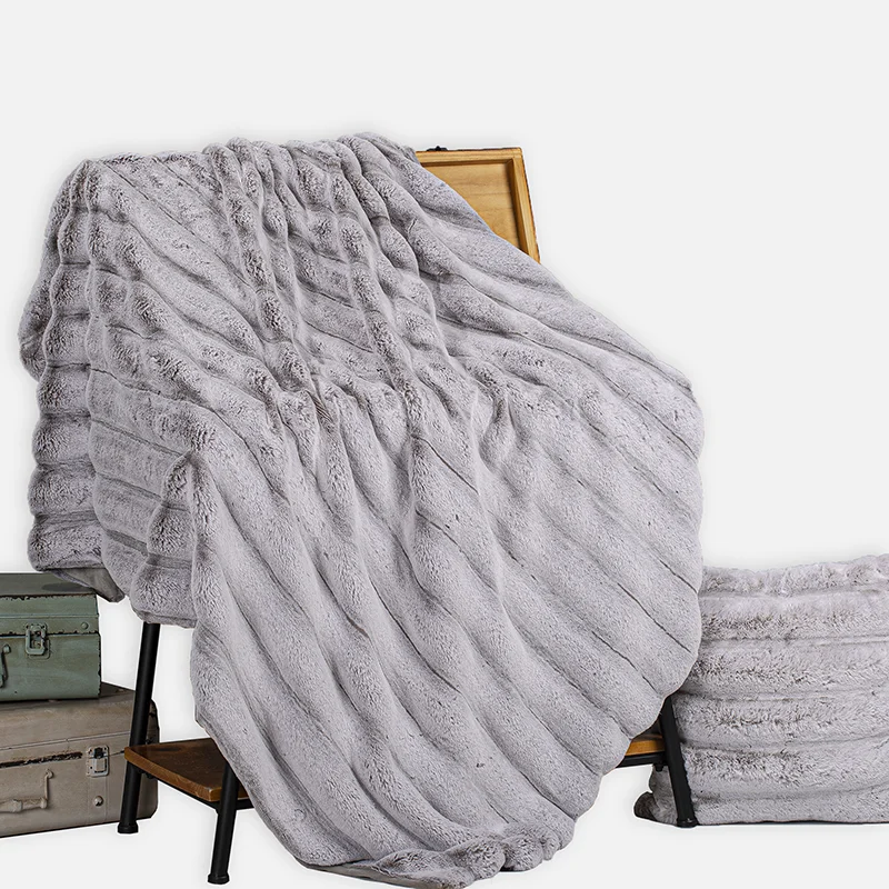 Faux rabbit hair blanket cutting design with velvet backside double Layer throw blankets