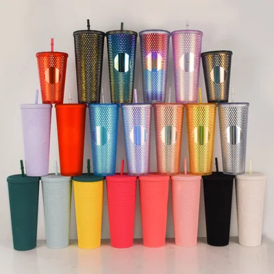 650ml double wall plastic Straw cup Rivet matte studded tumbler star buckes  cup LOGO custom